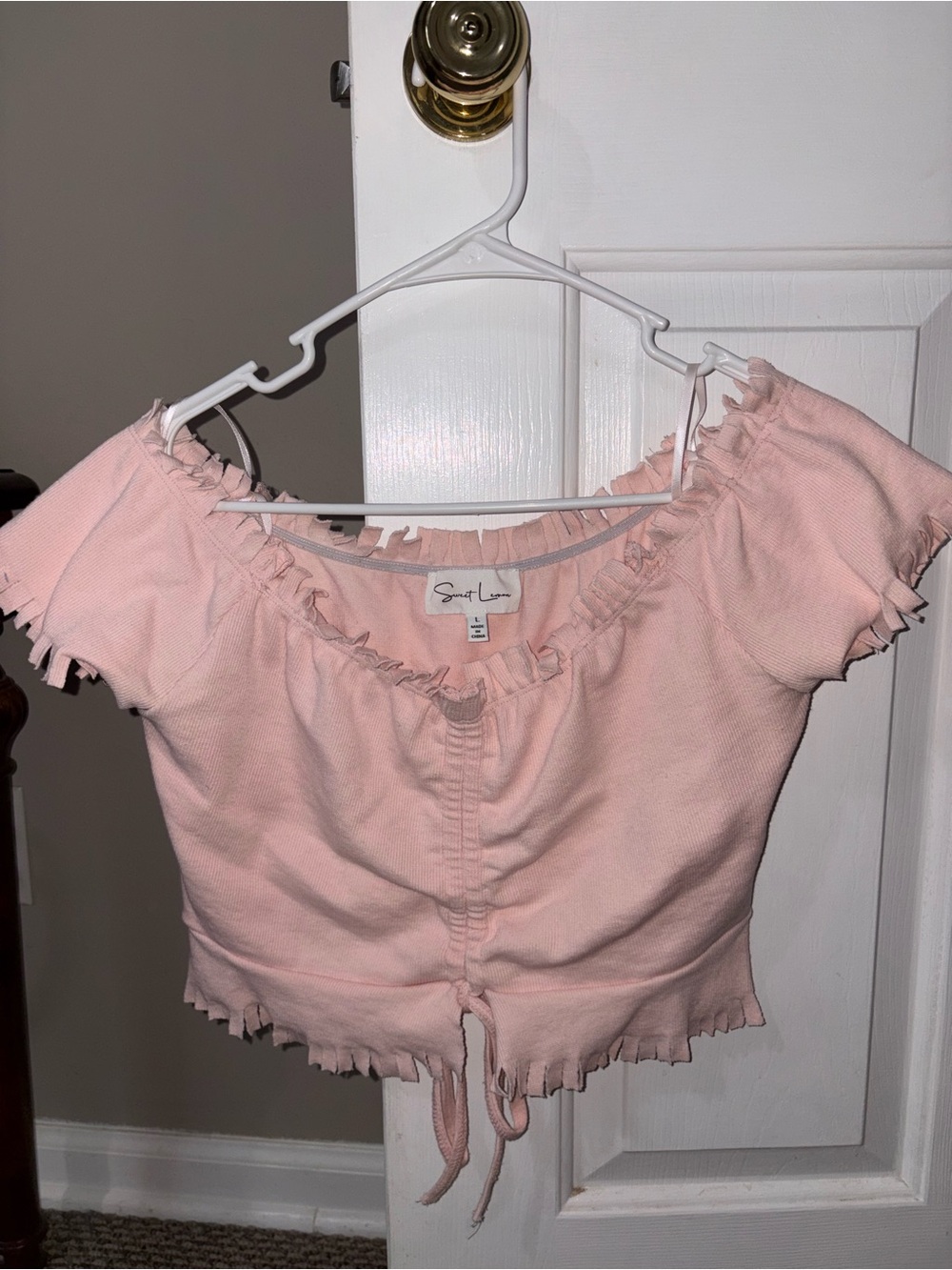 Sincerly Jules Pale Pink Ruffle-Trim Tie-Front Crop Top